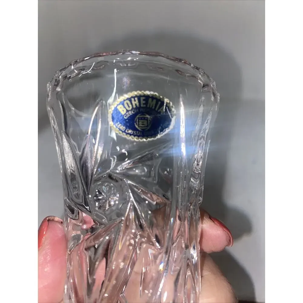 VINTAGE BOHEMIAN Czech Deep Cut Crystal Leaded Glass Vase 7” Tall
